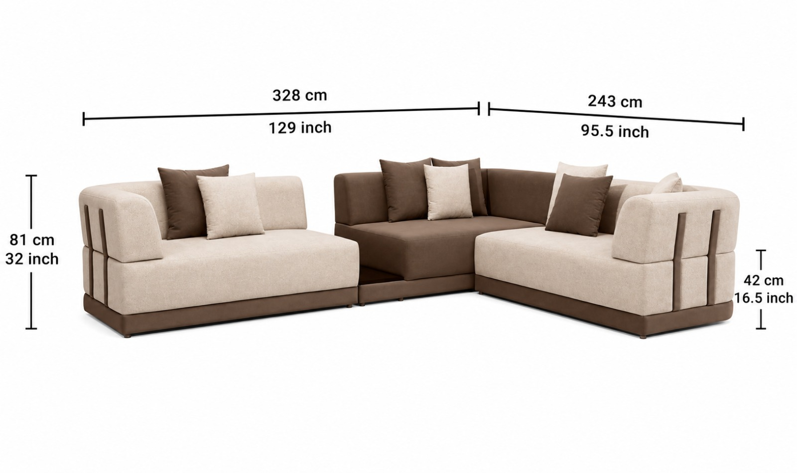 Crown L-Shaped Sectional Fabric Sofa with Two-Tone Upholstery - Cream & Brown - Dimensions by Febonic Living