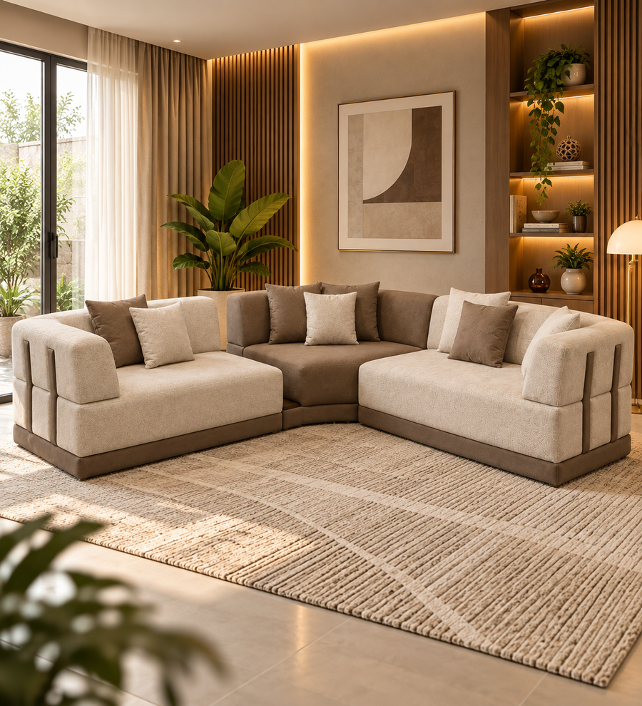 Crown L-Shaped Sectional Fabric Sofa with Two-Tone Upholstery - Cream & Brown