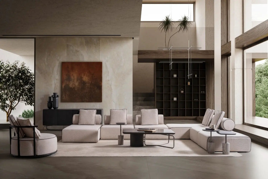 Avenger Boucle Fabric 6 Seater Corner Sofa In Mushroom Grey Colour - Febonic Living