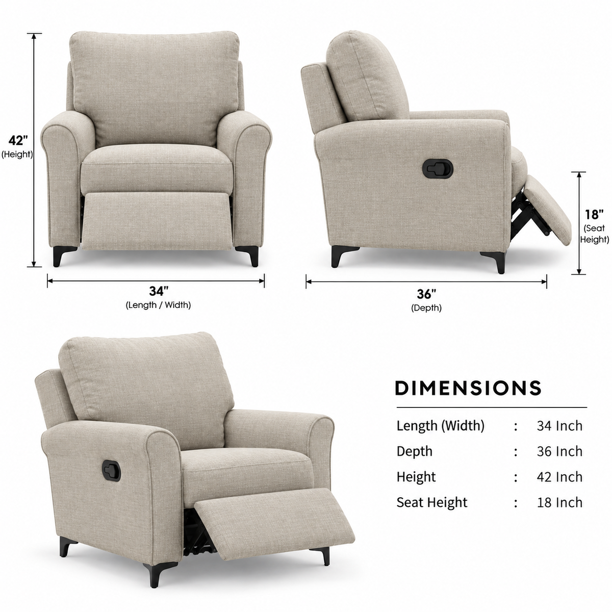 Daroox 1 Seater Motorized Fabric Recliner - Taupe Cream