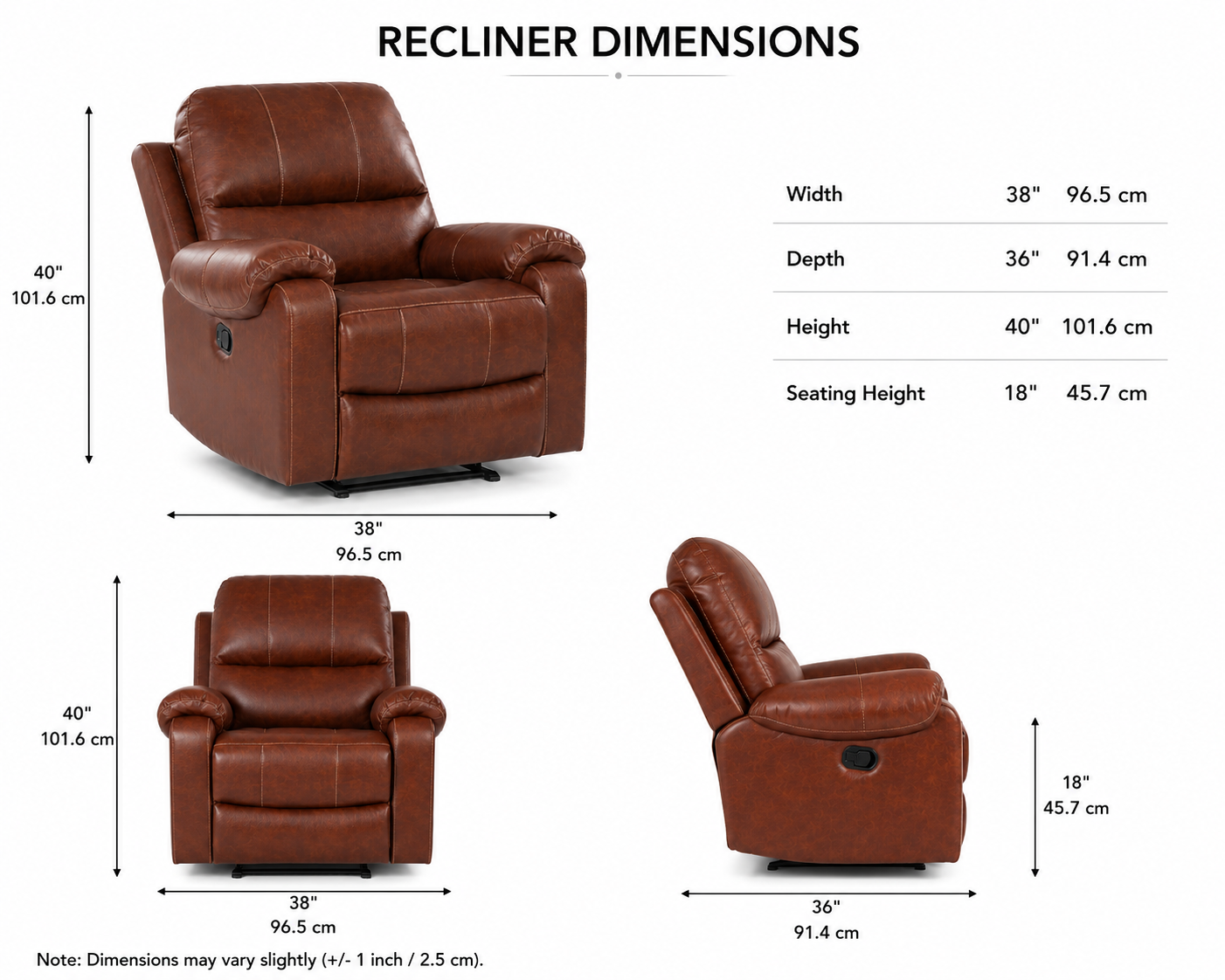 Davis 1 Seater Motorized Leatherette Recliner - Brown - Dimensions by Febonic Living