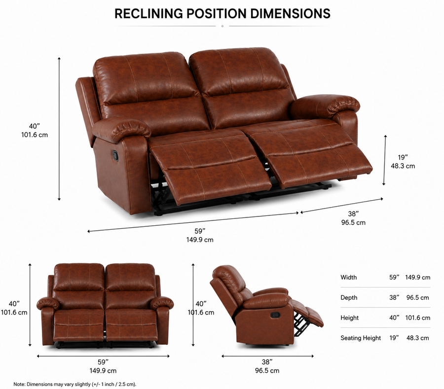 Davis 2 Seater Motorized Leatherette Recliner - Brown - Dimensions by Febonic Living