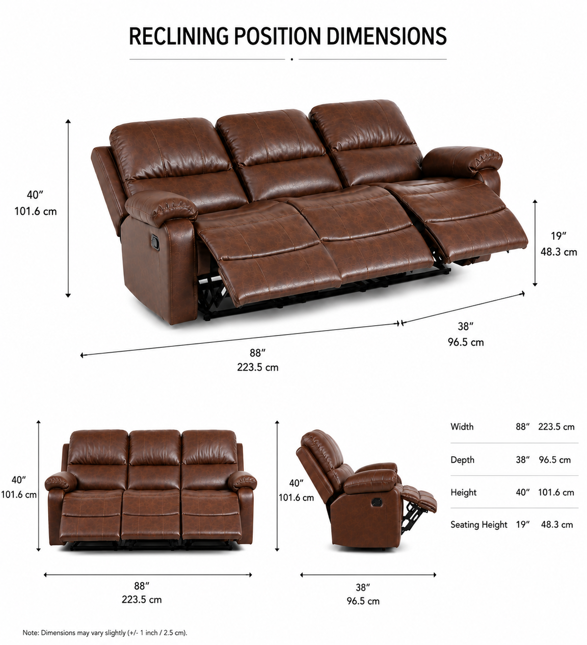 Davis 3 Seater Motorized Leatherette Recliner - Brown - Dimensions by Febonic Living