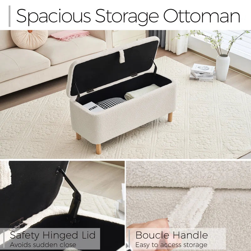 Daya Boucle Fabric Ottoman In Bright White Colour With Storage - Febonic Living