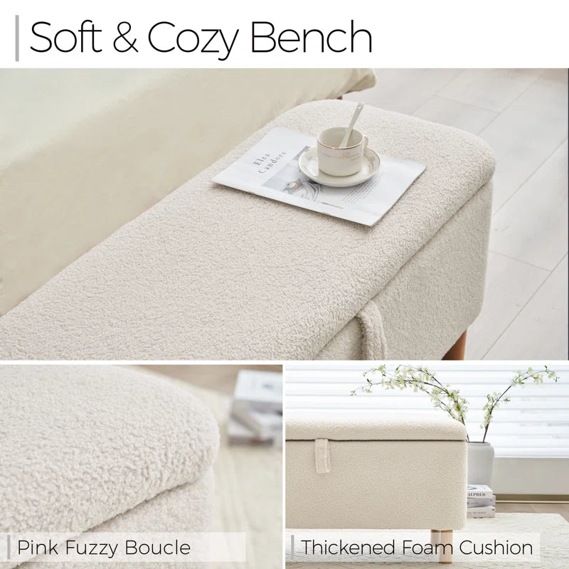 Daya Boucle Fabric Ottoman In Bright White Colour With Storage - Febonic Living