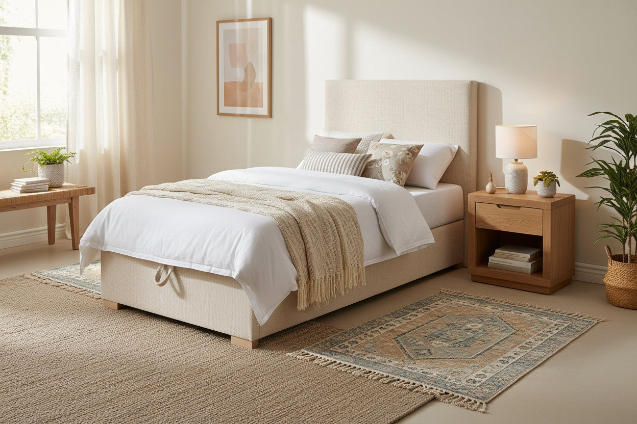 Dilwa Fabric Upholstered Single Size Bed In Ivory Cream Colour With Hydraulic Storage