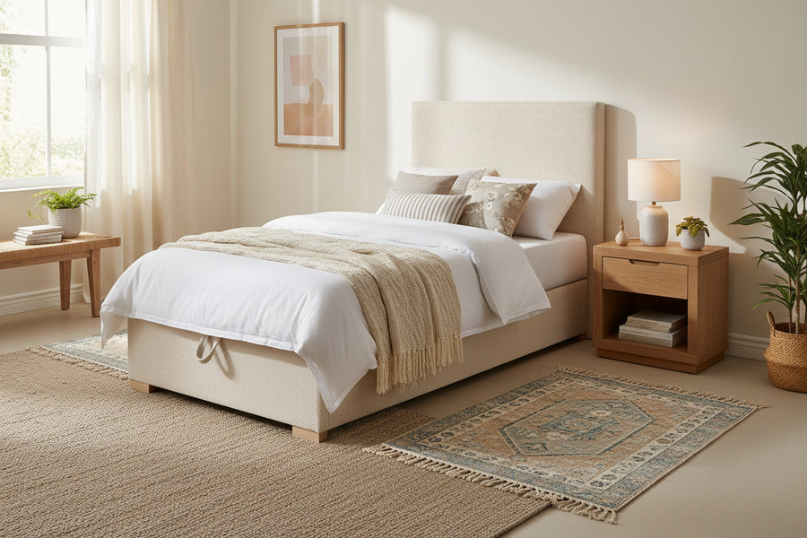 Dilwa  Upholstered Fabric Single Size Bed - Ivory Cream (Hydraulic Storage) by Febonic Living