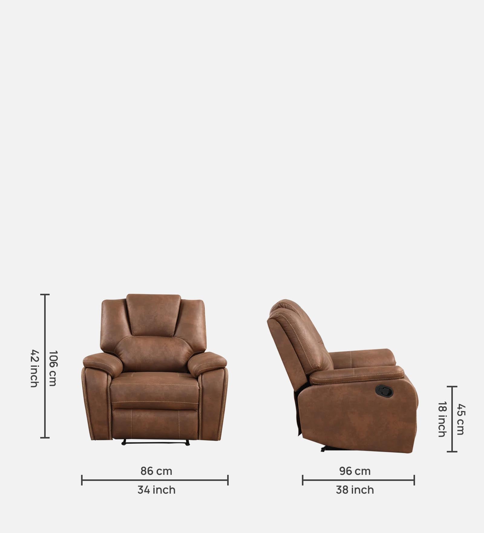 Dolphin 1 Seater Motorized Leatherette Recliner - Husky Brown - Dimensions by Febonic Living
