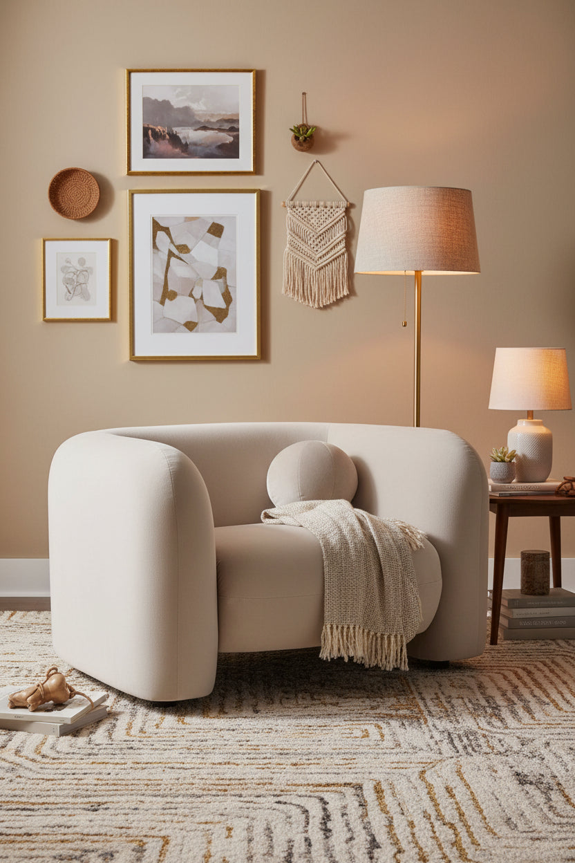 Dowen Velvet Fabric Arm Chair In Warm White Colour