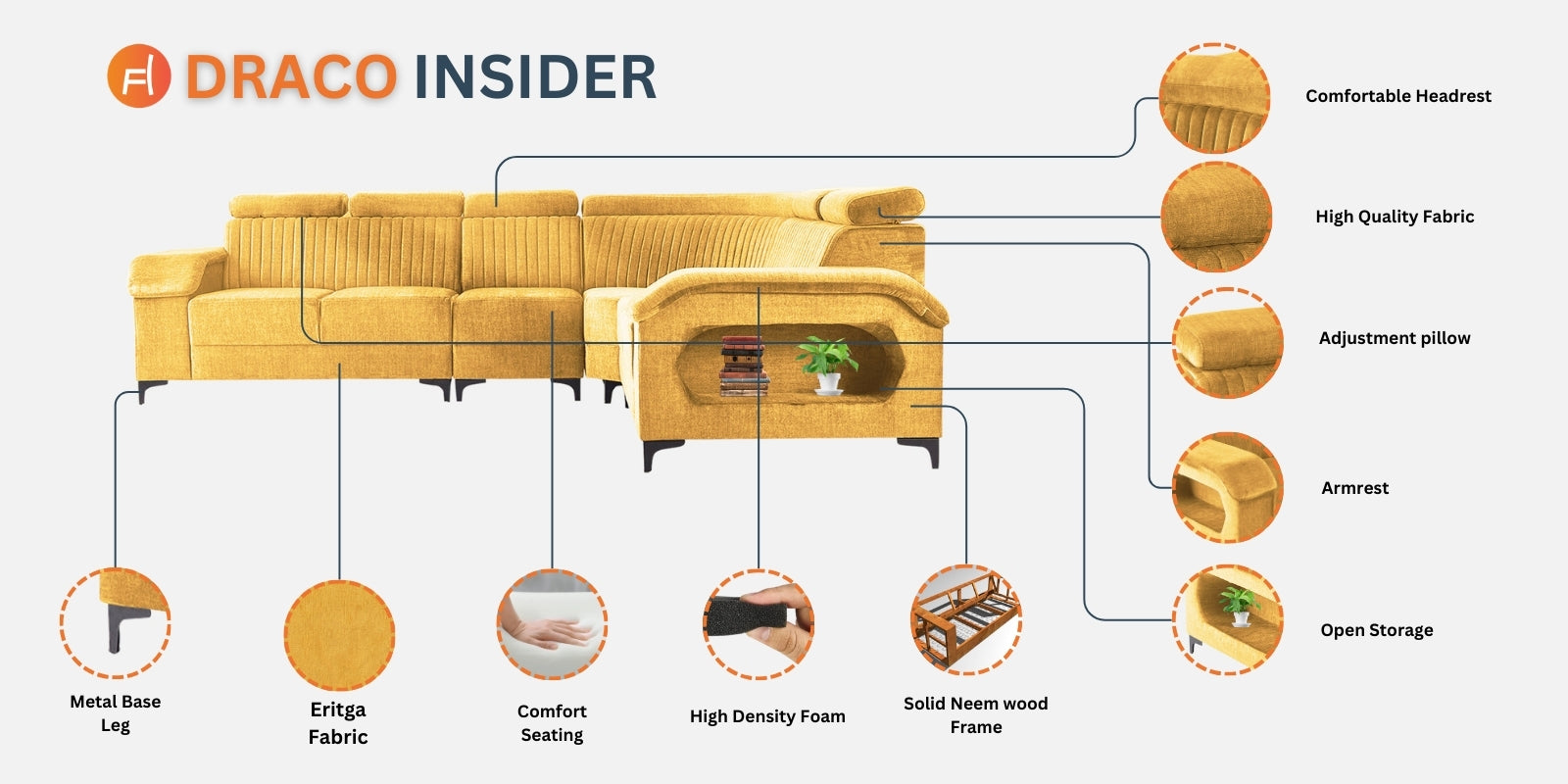 Draco Fabric Corner Sofa in Duby Grey Colour