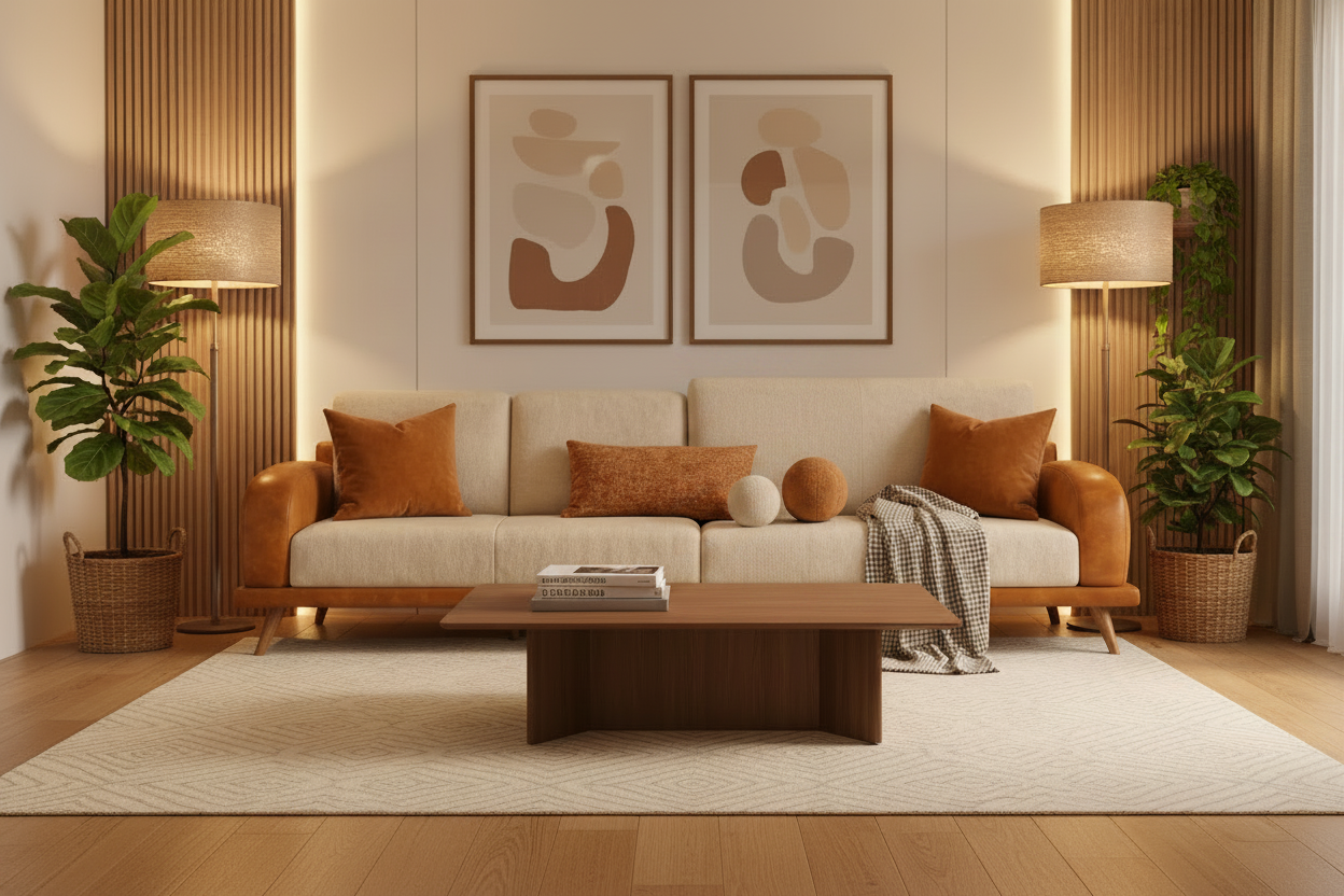 Felix 4 Seater Fabric Sofa - Rust and Beige