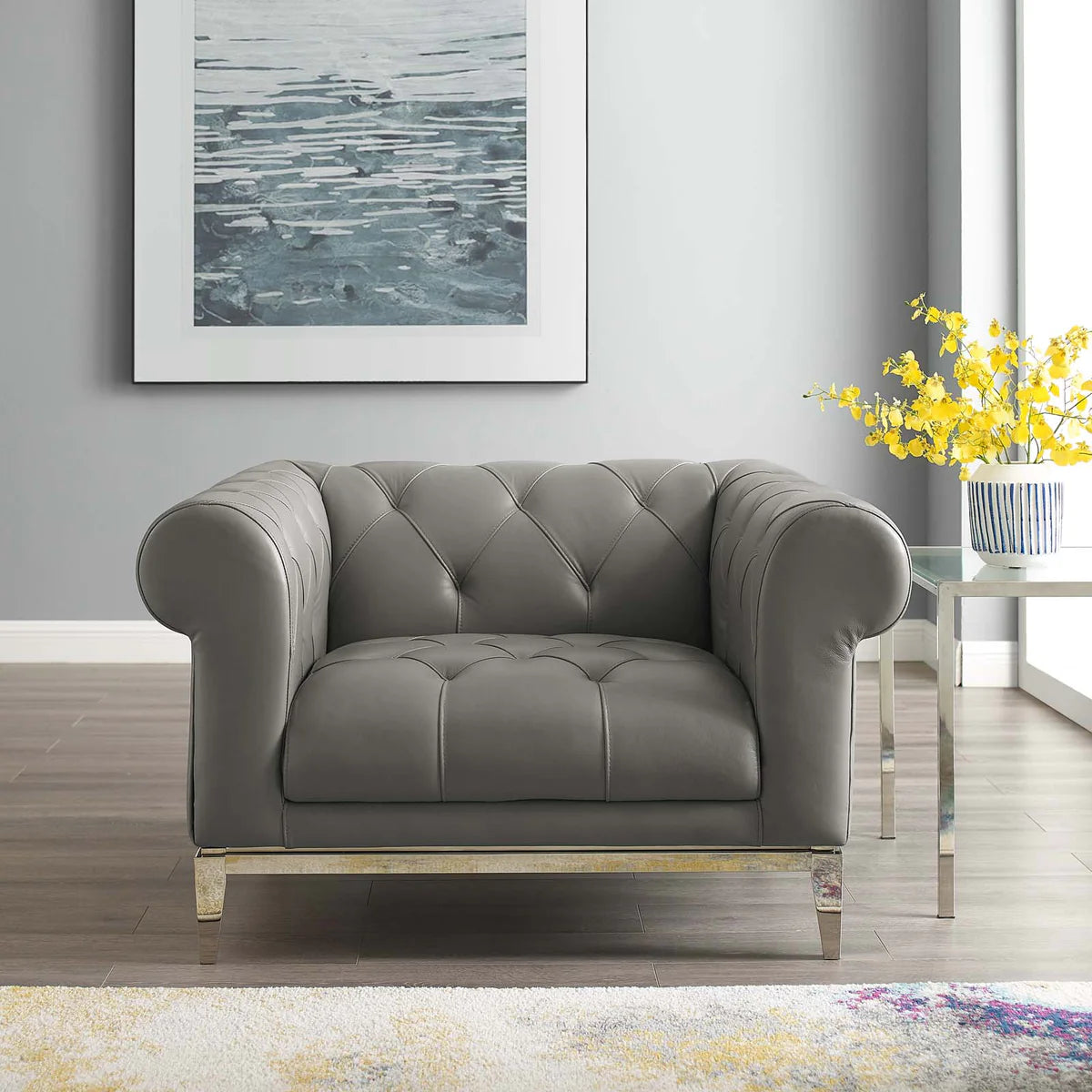 Mickey Leatherette 1 Seater Sofa in Light Grey Colour