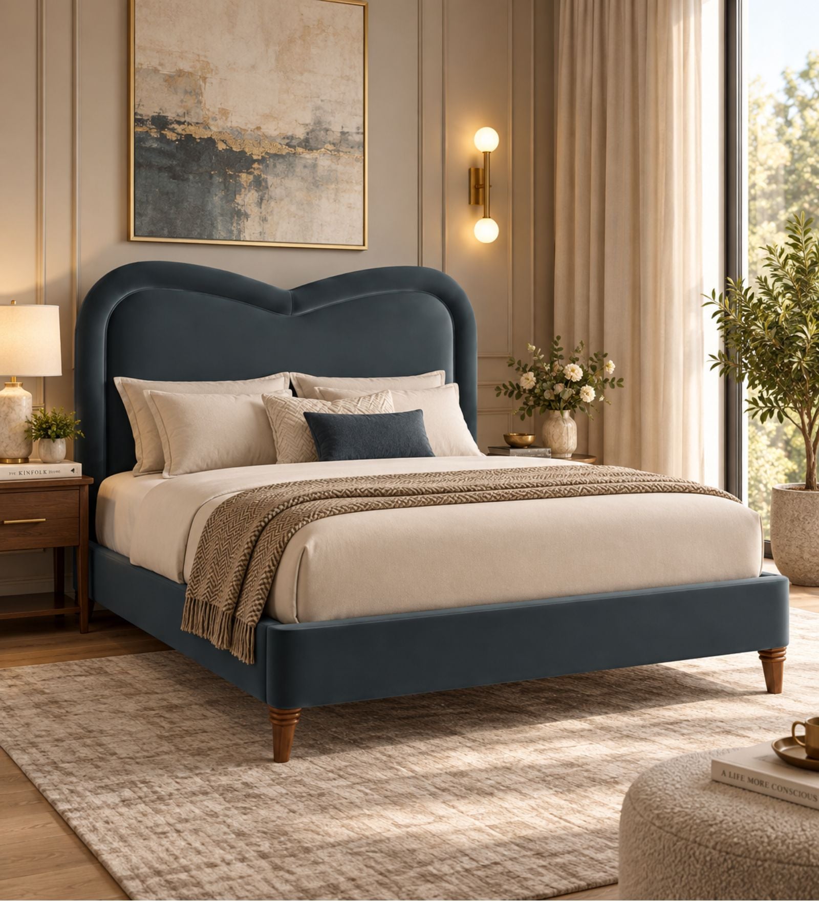 Elaris Curve Velvet Queen Size Bed - Azure Blue | Hydraulic Storage
