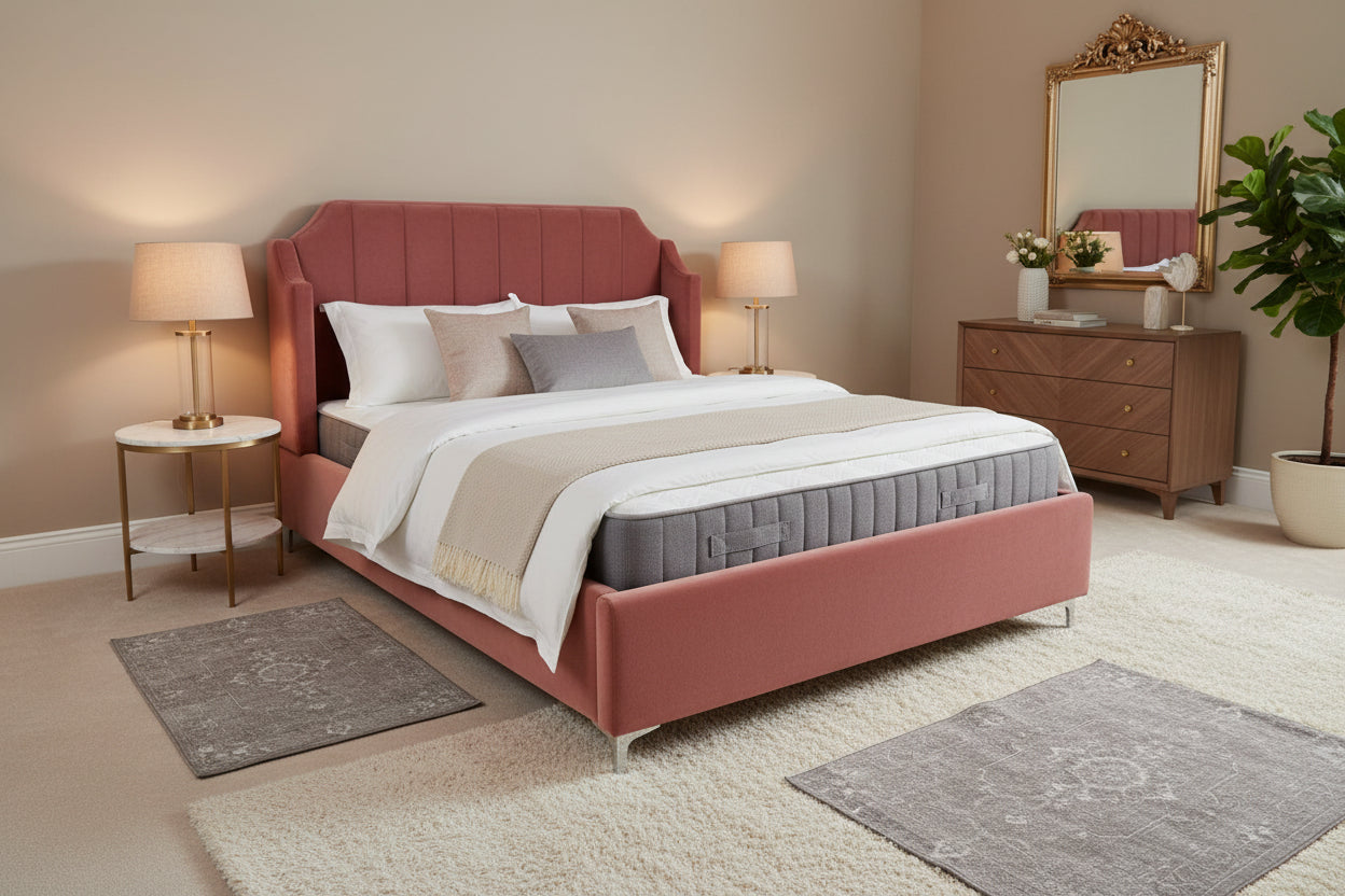 Eliza Velvet Upholstered Queen Size Bed In Blush Pink Colour