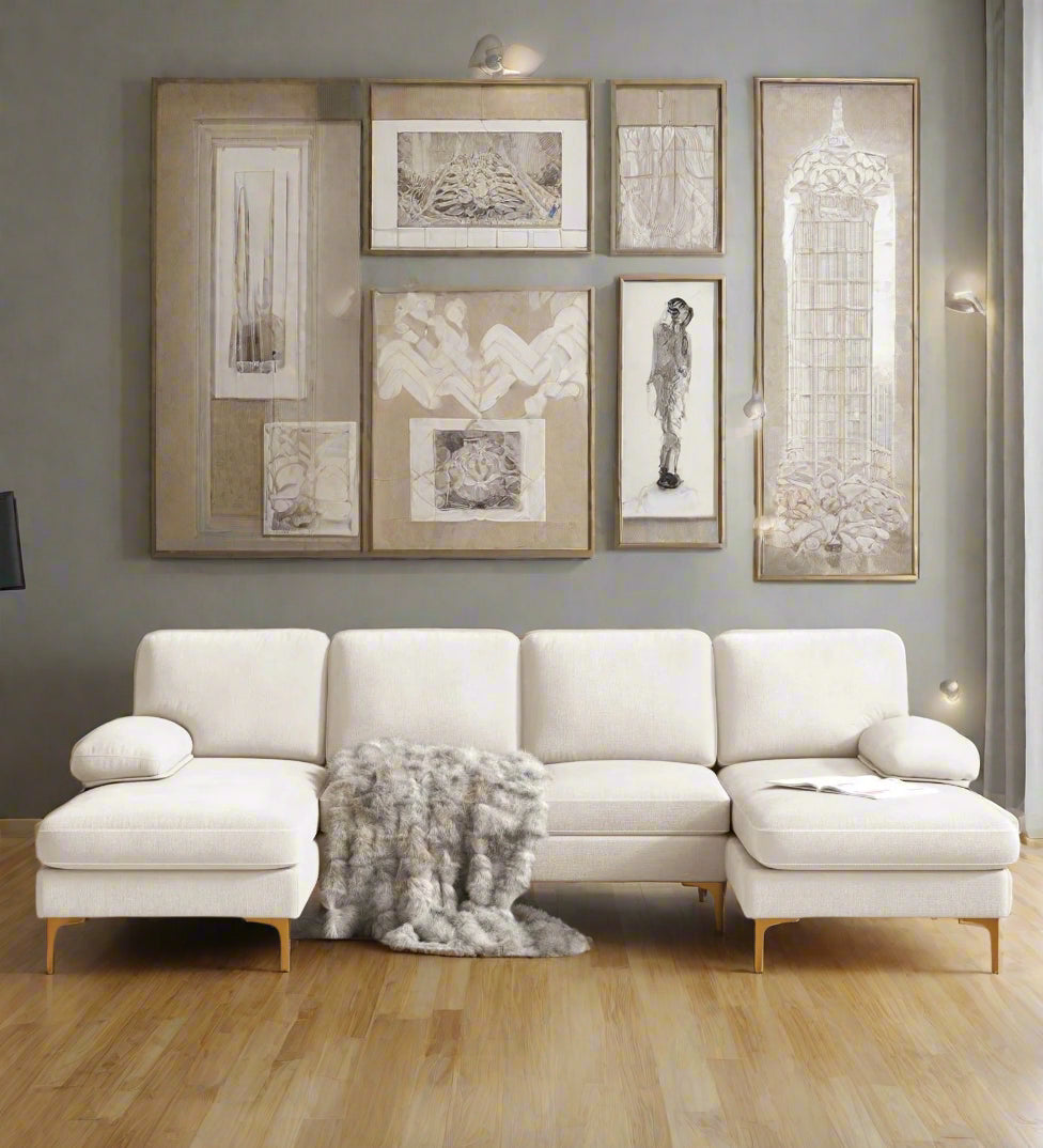 Elson Fabric 6 Seater Sectional Sofa In Ivory Cream Colour