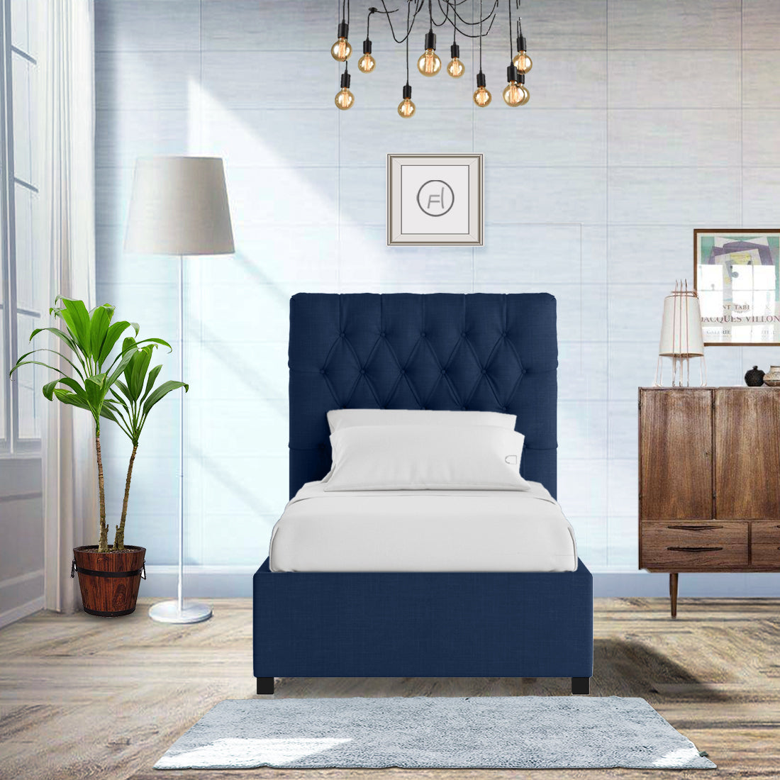 Isko Fabric Upholstered Single Bed in Royal Blue Colour with Box Storage