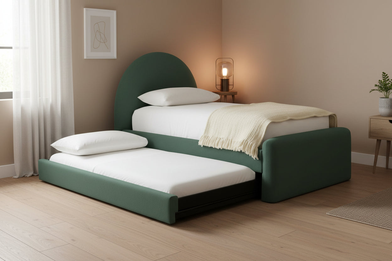 Emora Velvet Upholstered Trundle Bed In Moss Green Colour - Febonic Living