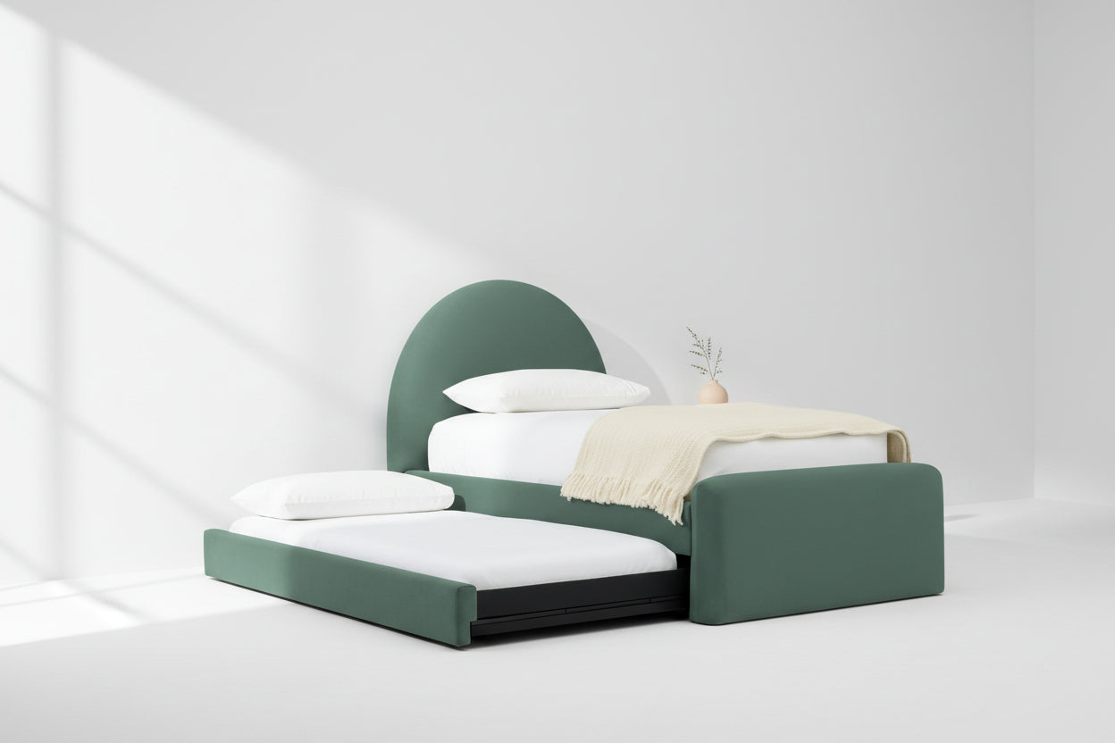 Emora Velvet Upholstered Trundle Bed In Moss Green Colour