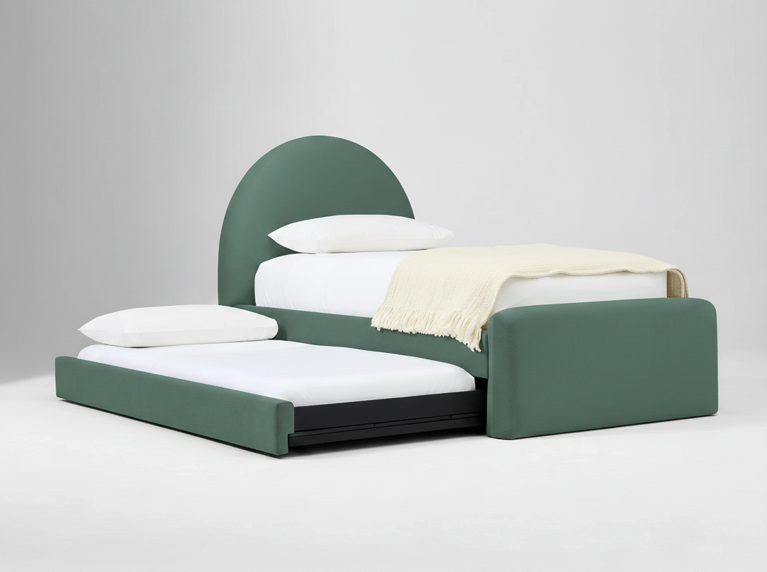 Emora Velvet Upholstered Trundle Bed In Moss Green Colour - Febonic Living