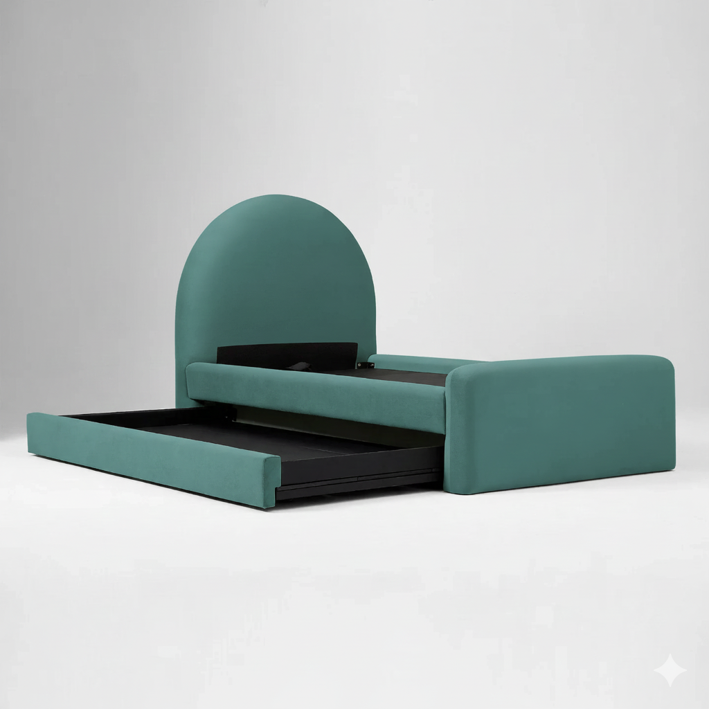 Emora Velvet Upholstered Trundle Bed In Moss Green Colour - Febonic Living