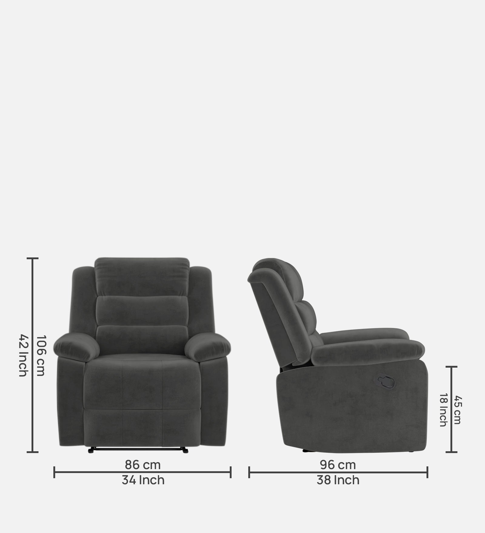Erra 1 Seater Motorized Fabric Recliner - Charcoal Grey - Dimensions by Febonic Living