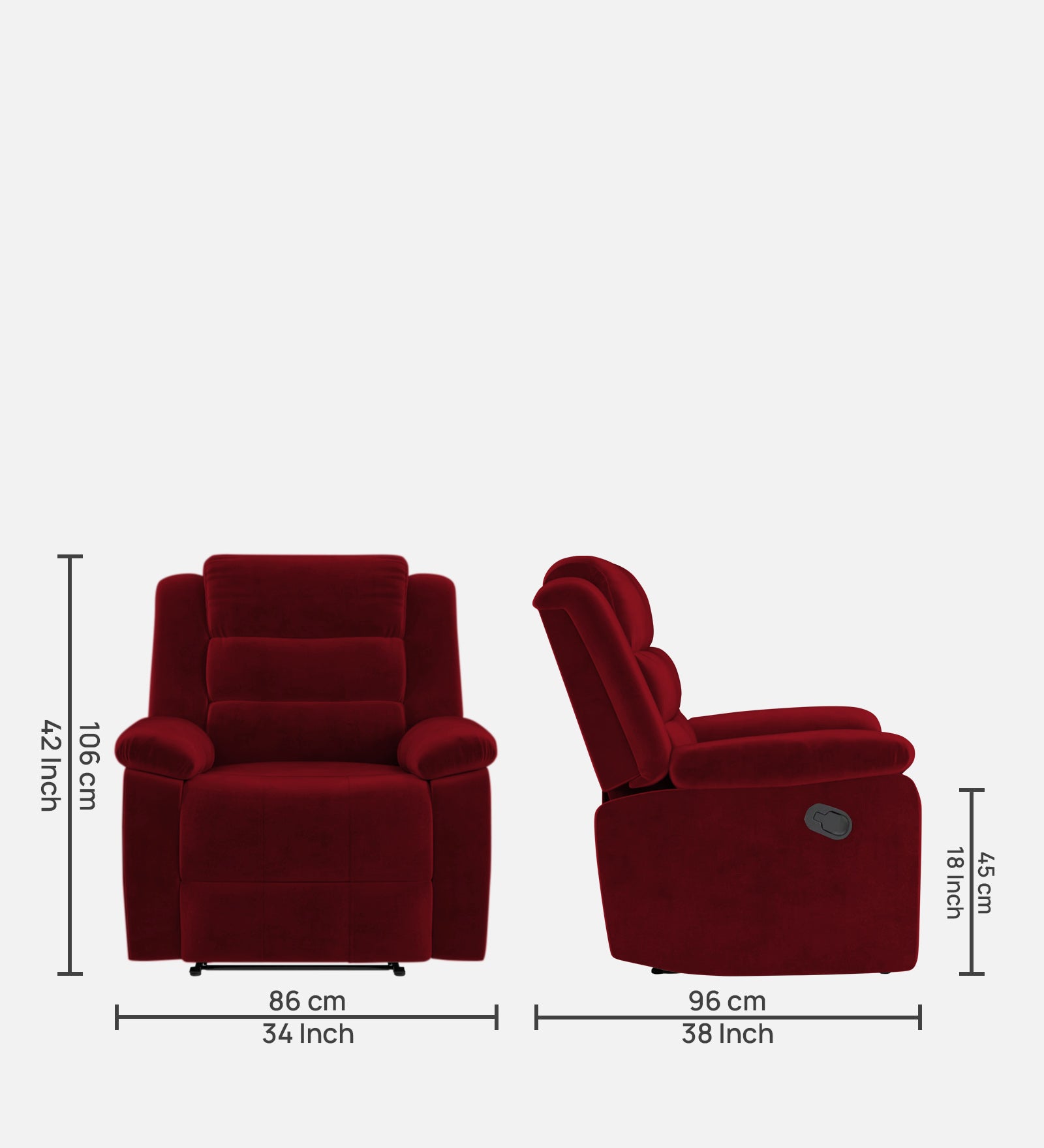 Erra 1 Seater Motorized Fabric Recliner - Ruby Red - Dimensions by Febonic Living