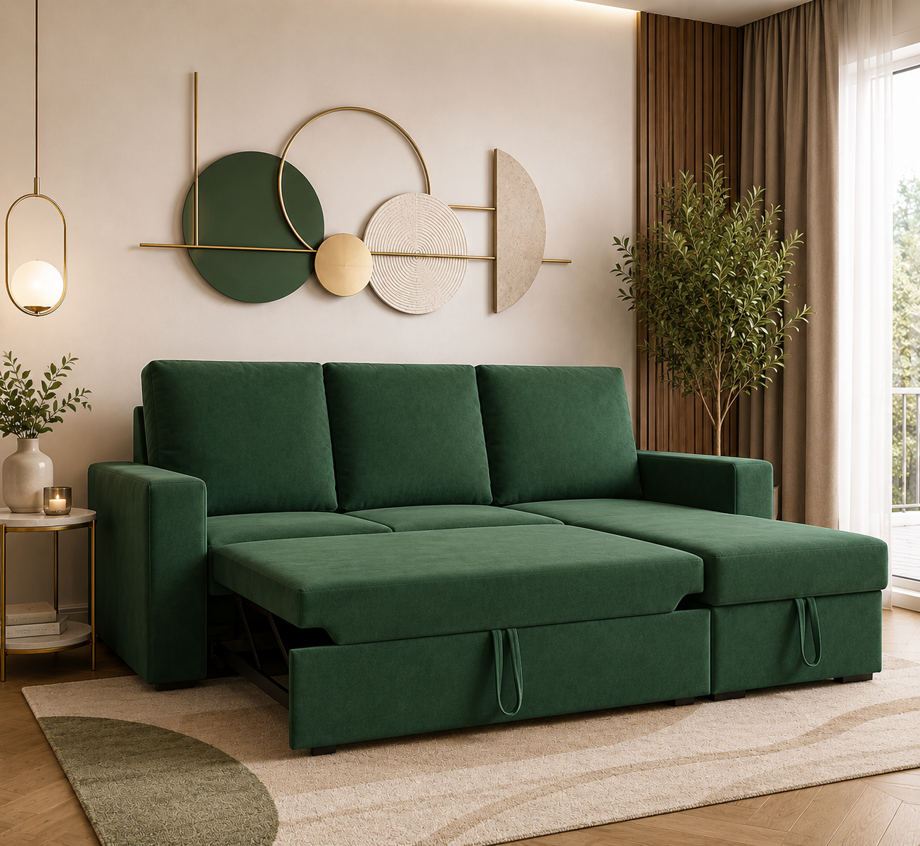 Evelyn 3-Seater L-Shaped Fabric Sofa Cum Bed with Storage – Forest Green - Bedroom View by Febonic Living