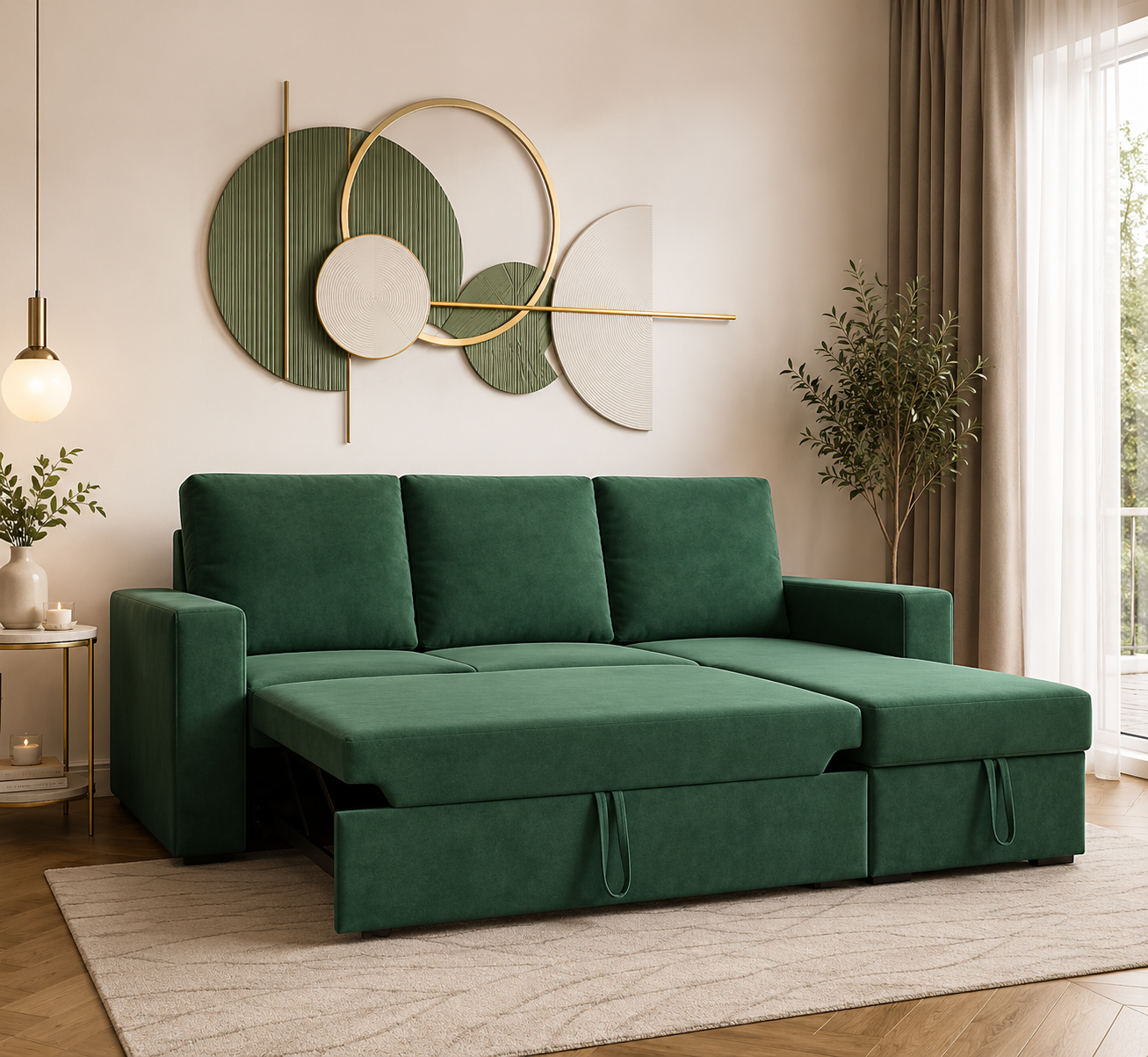 Evelyn 3-Seater L-Shaped Fabric Sofa Cum Bed with Storage – Forest Green - Bedroom View 1 by Febonic Living