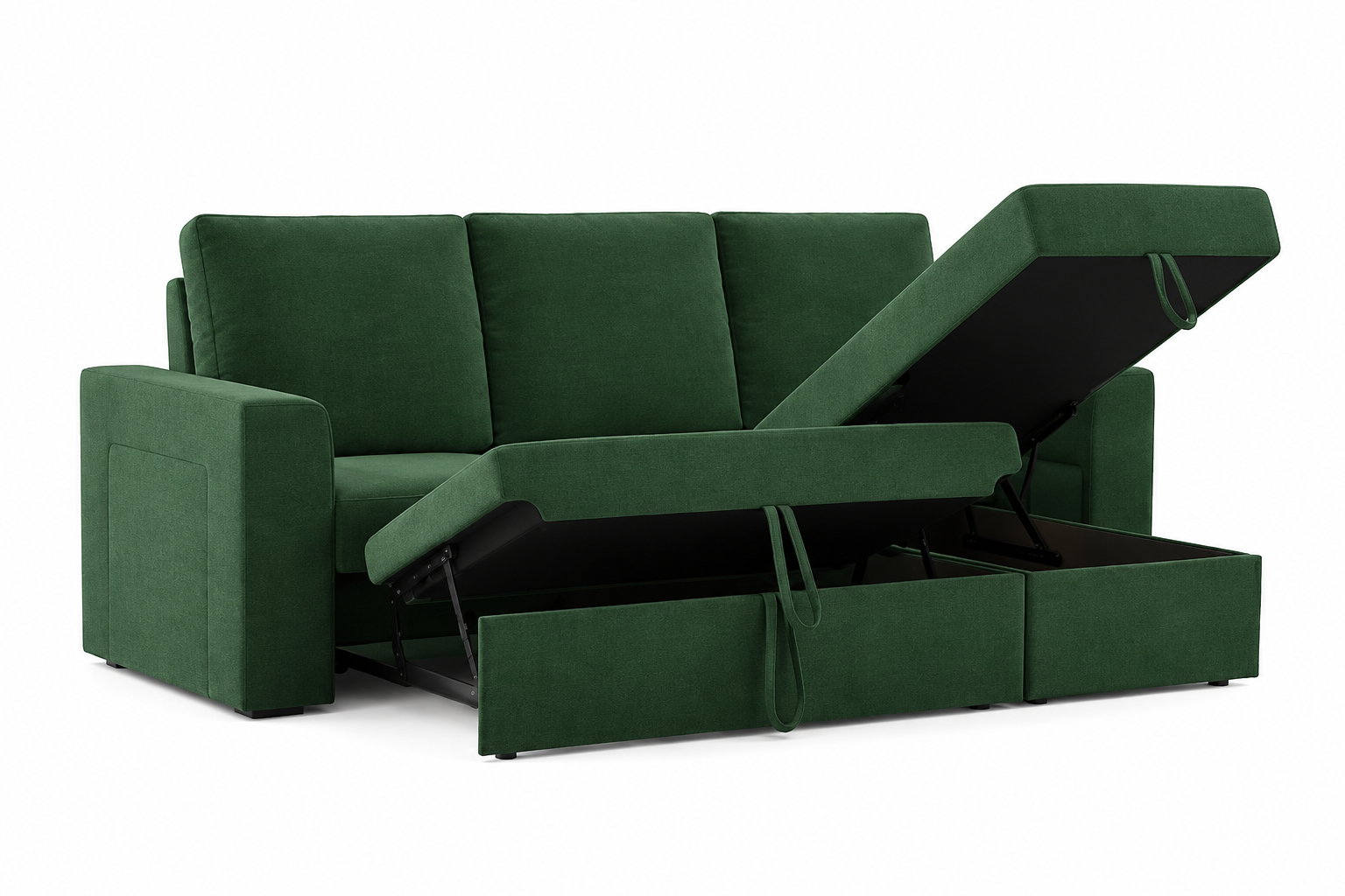 Evelyn 3-Seater L-Shaped Fabric Sofa Cum Bed with Storage – Forest Green - Open View by Febonic Living