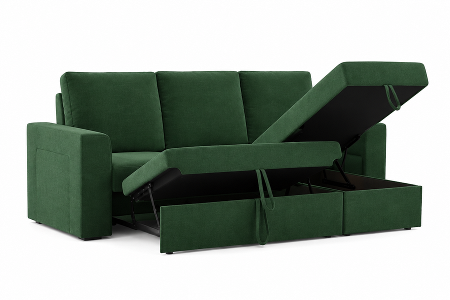 Evelyn 3-Seater L-Shaped Fabric Sofa Cum Bed with Storage – Forest Green - Open View by Febonic Living