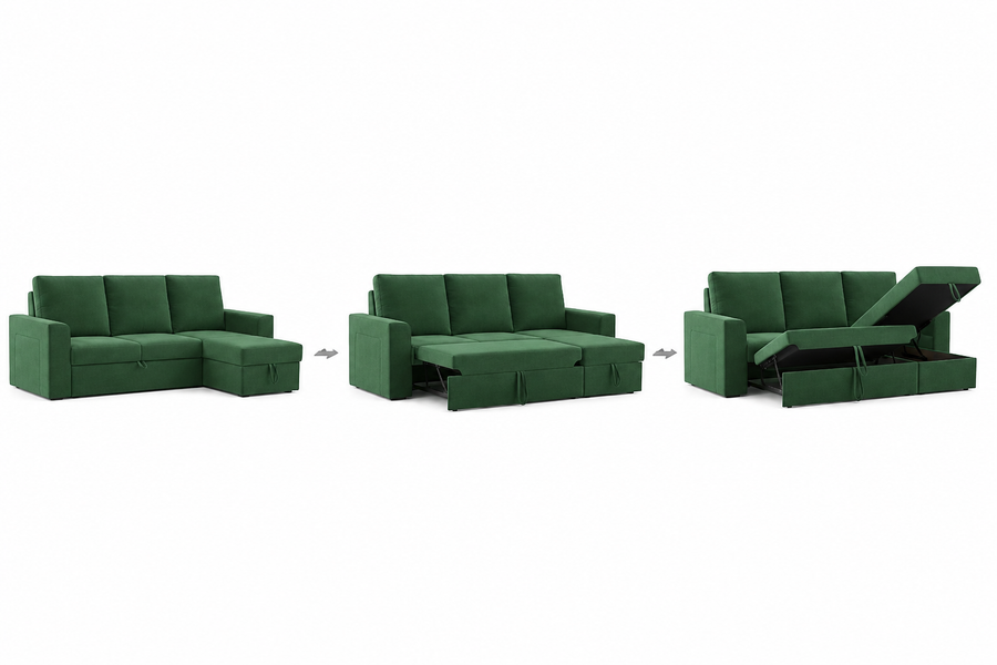 Evelyn 3-Seater L-Shaped Fabric Sofa Cum Bed with Storage – Forest Green - All Functional View by Febonic Living