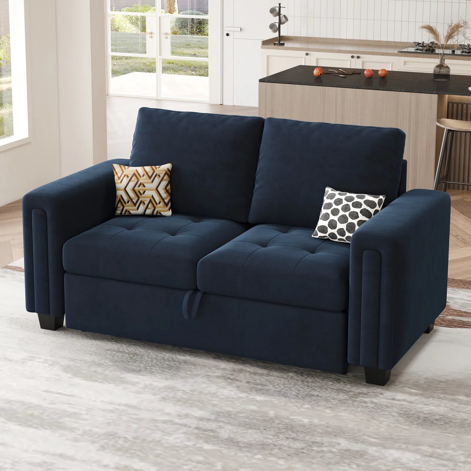 Miro Velvet 2 Seater Pull Out Sofa Cum Bed In Indigo Blue Colour