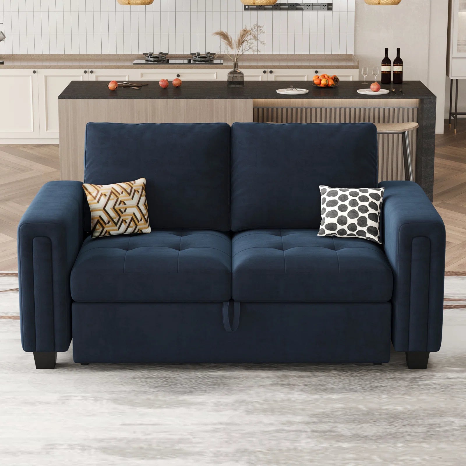 Miro Velvet 2 Seater Pull Out Sofa Cum Bed In Indigo Blue Colour