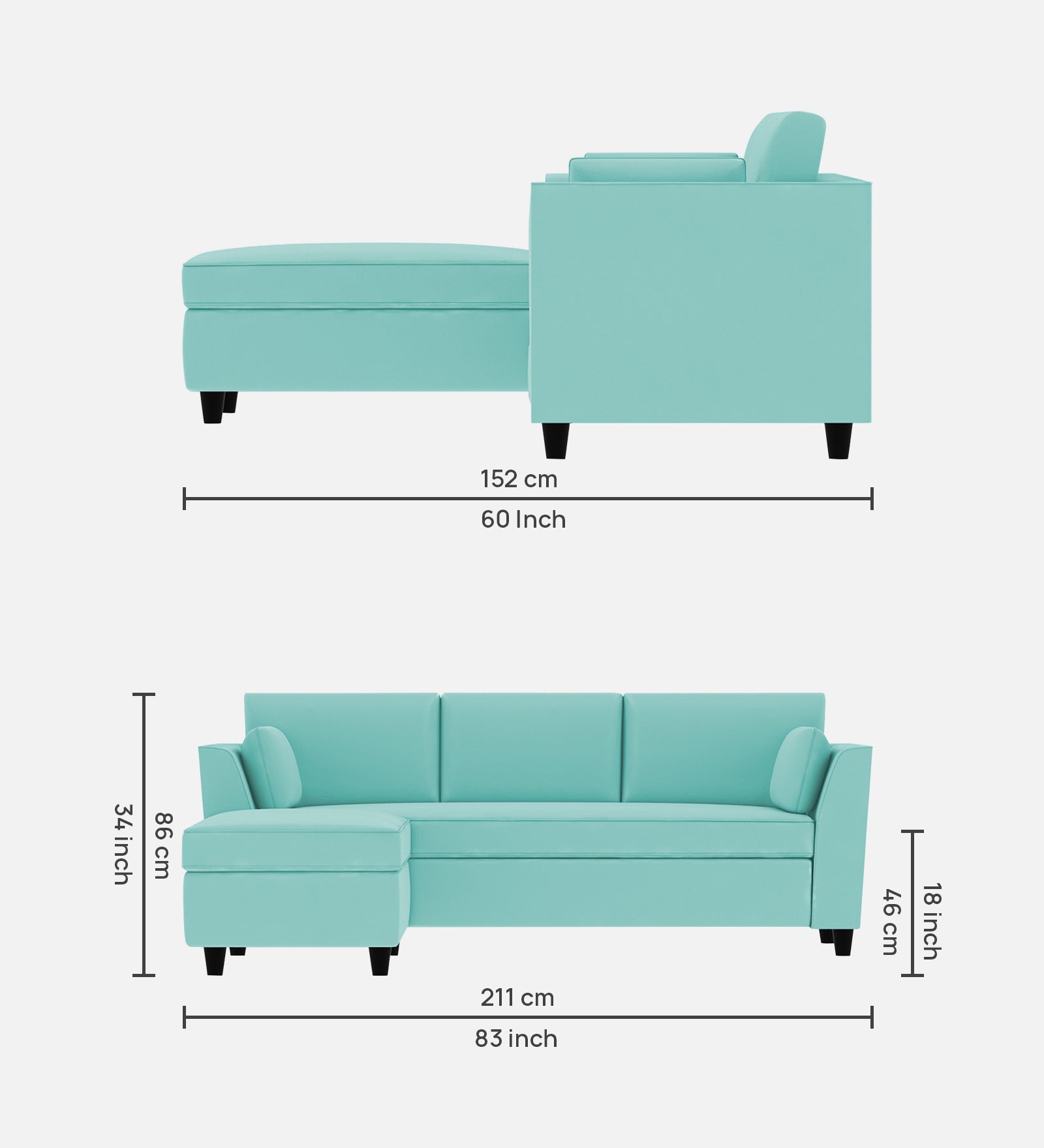 Bristo Velvet RHS Sectional Sofa 3 Seater + Ottoman  in Barmunda Aqua Colour