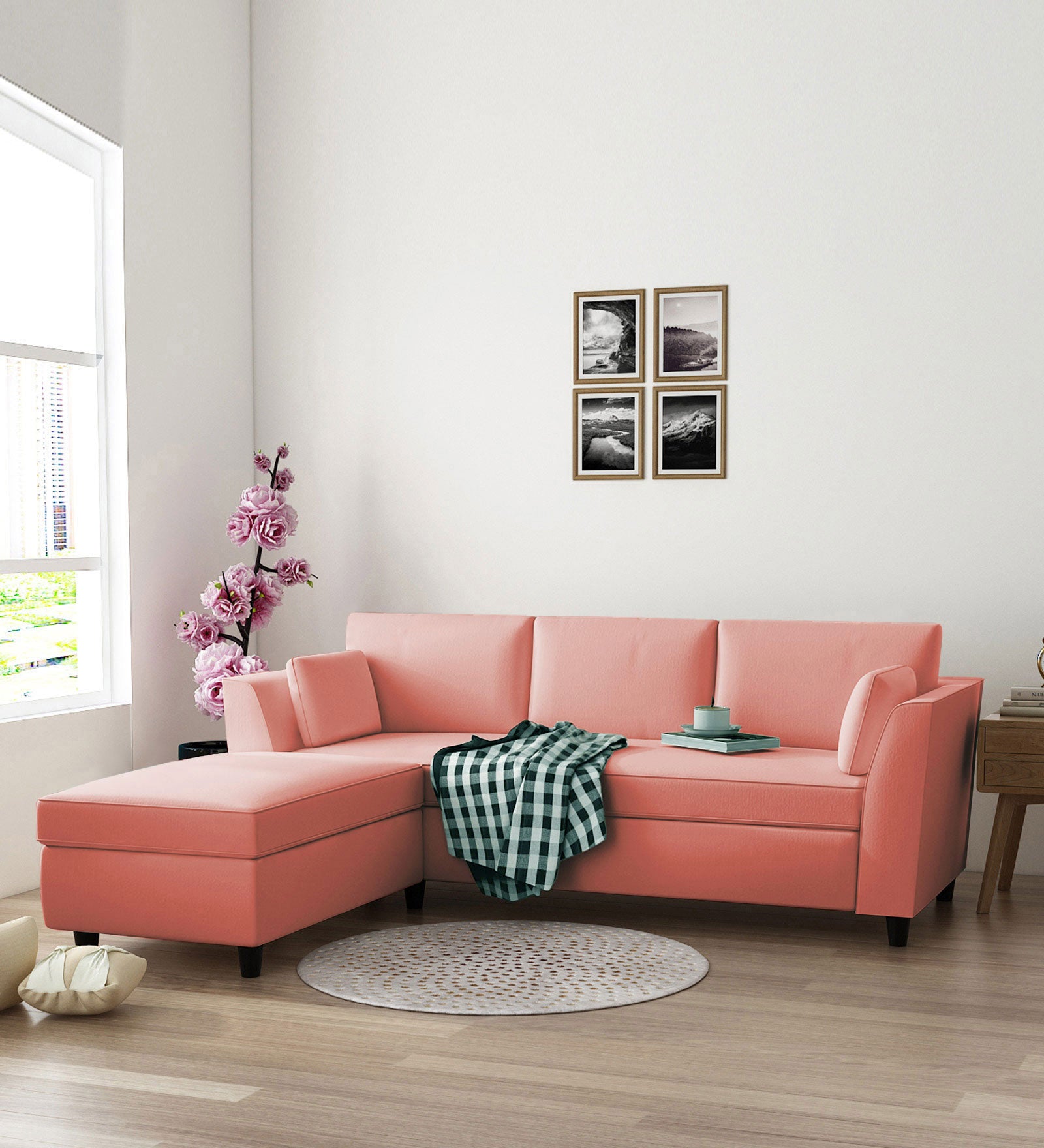 Bristo Velvet RHS Sectional Sofa 3 Seater + Ottoman  in Blush Pink Colour