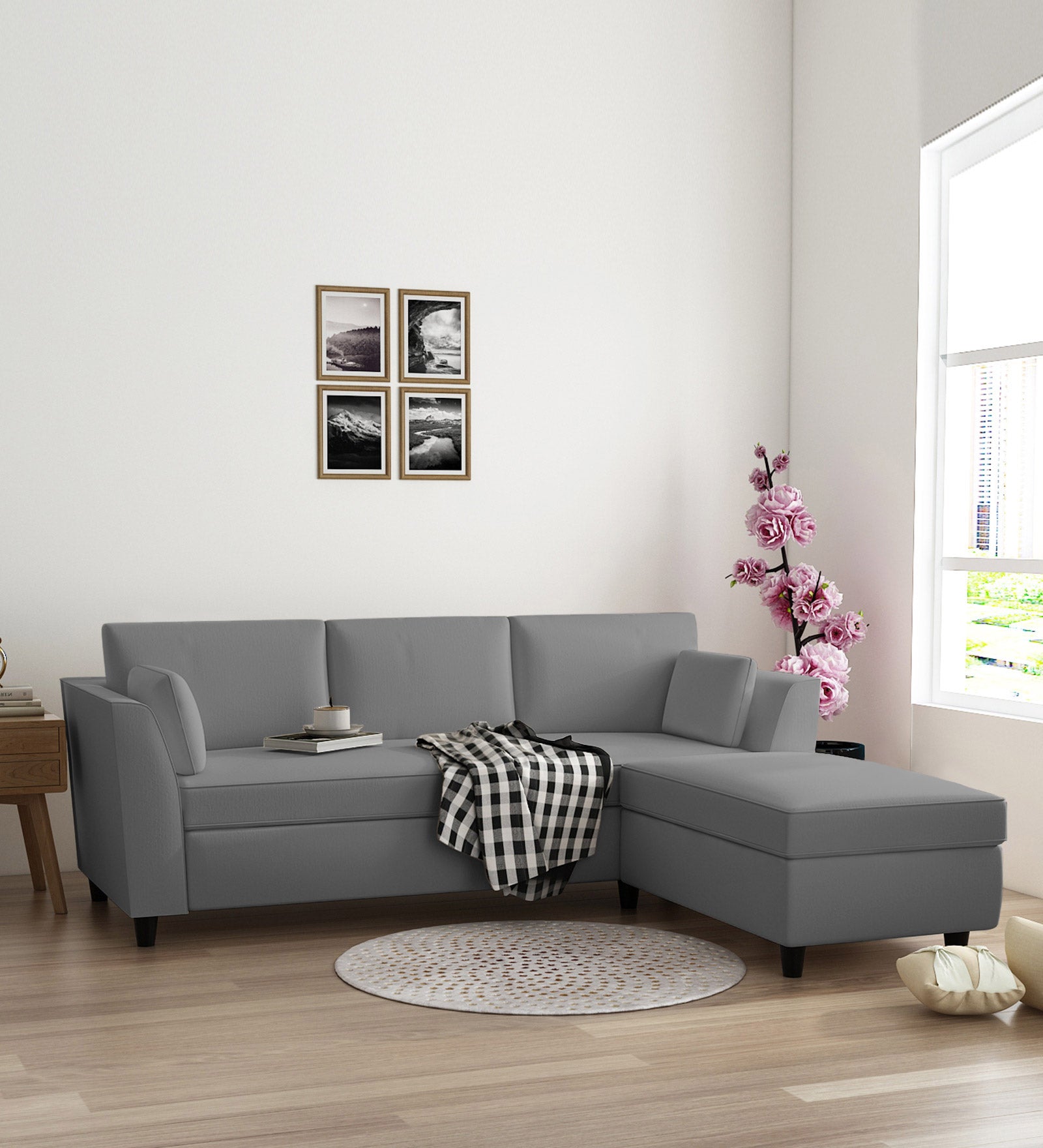 Bristo Velvet LHS Sectional Sofa (2+Lounger) in Pubble Grey Colour