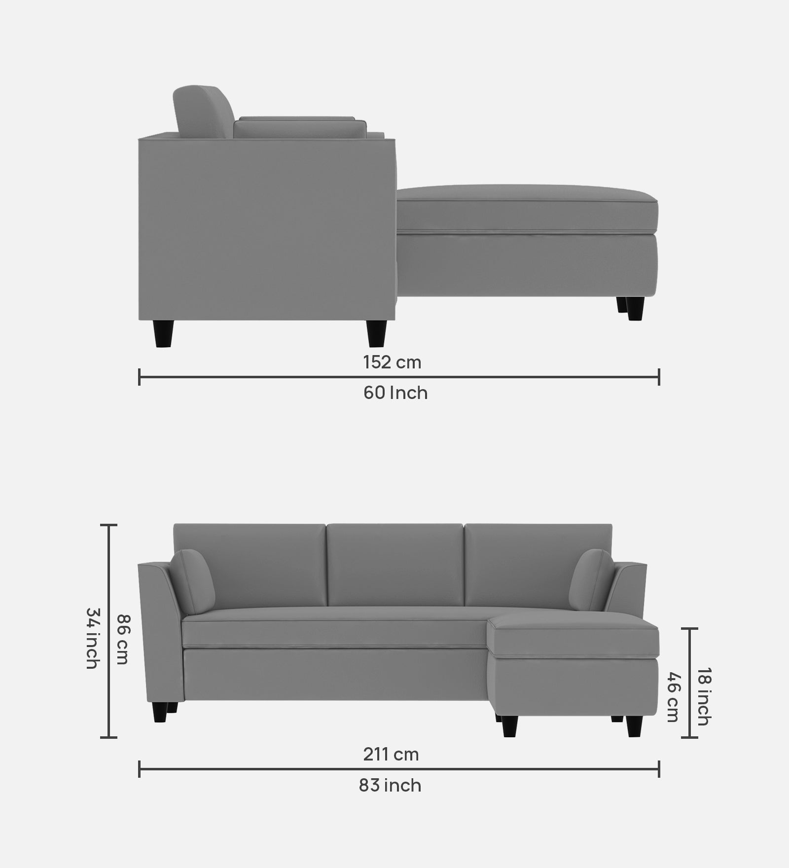 Bristo Velvet LHS Sectional Sofa (2+Lounger) in Pubble Grey Colour