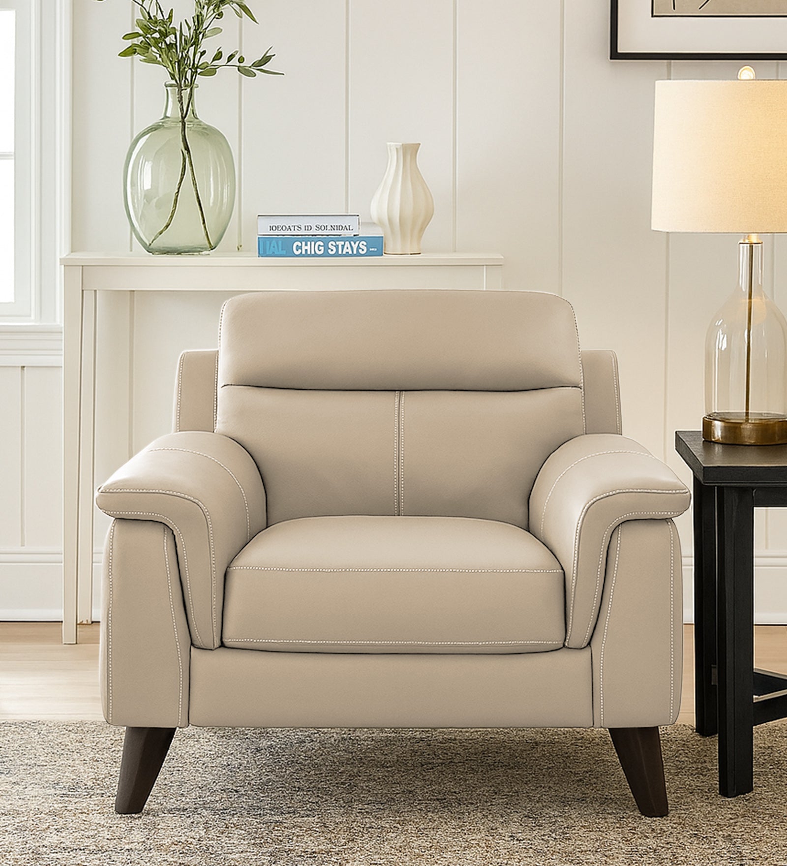 Omton Leatherette 1 Seater Sofa In Tan Beige Colour