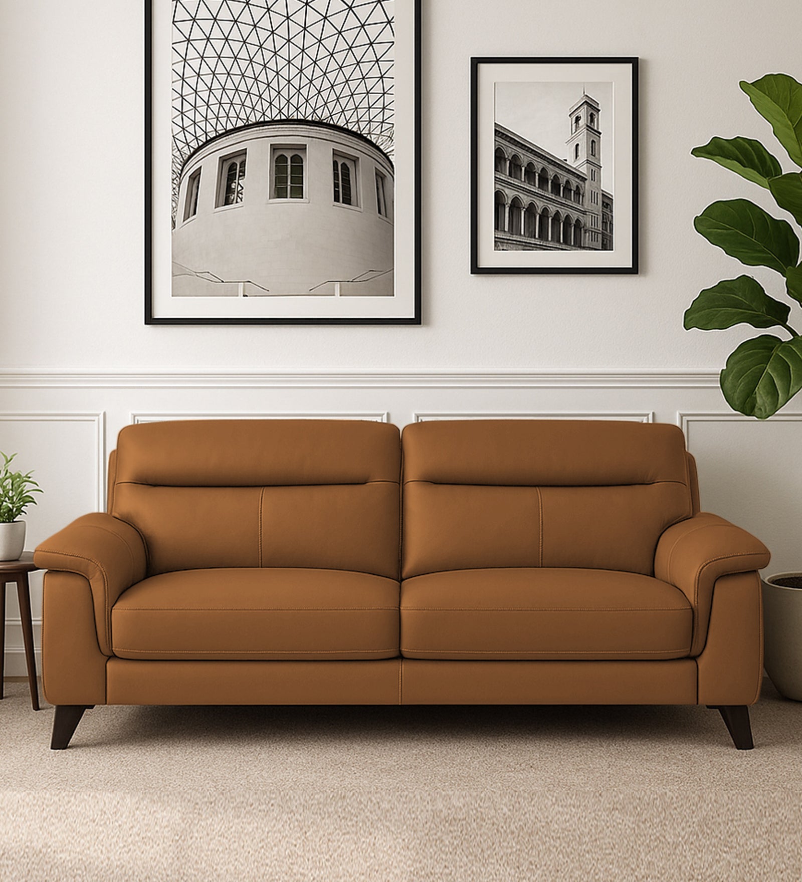 Omton Leatherette 3 Seater Sofa In Cinnamon Brown Colour