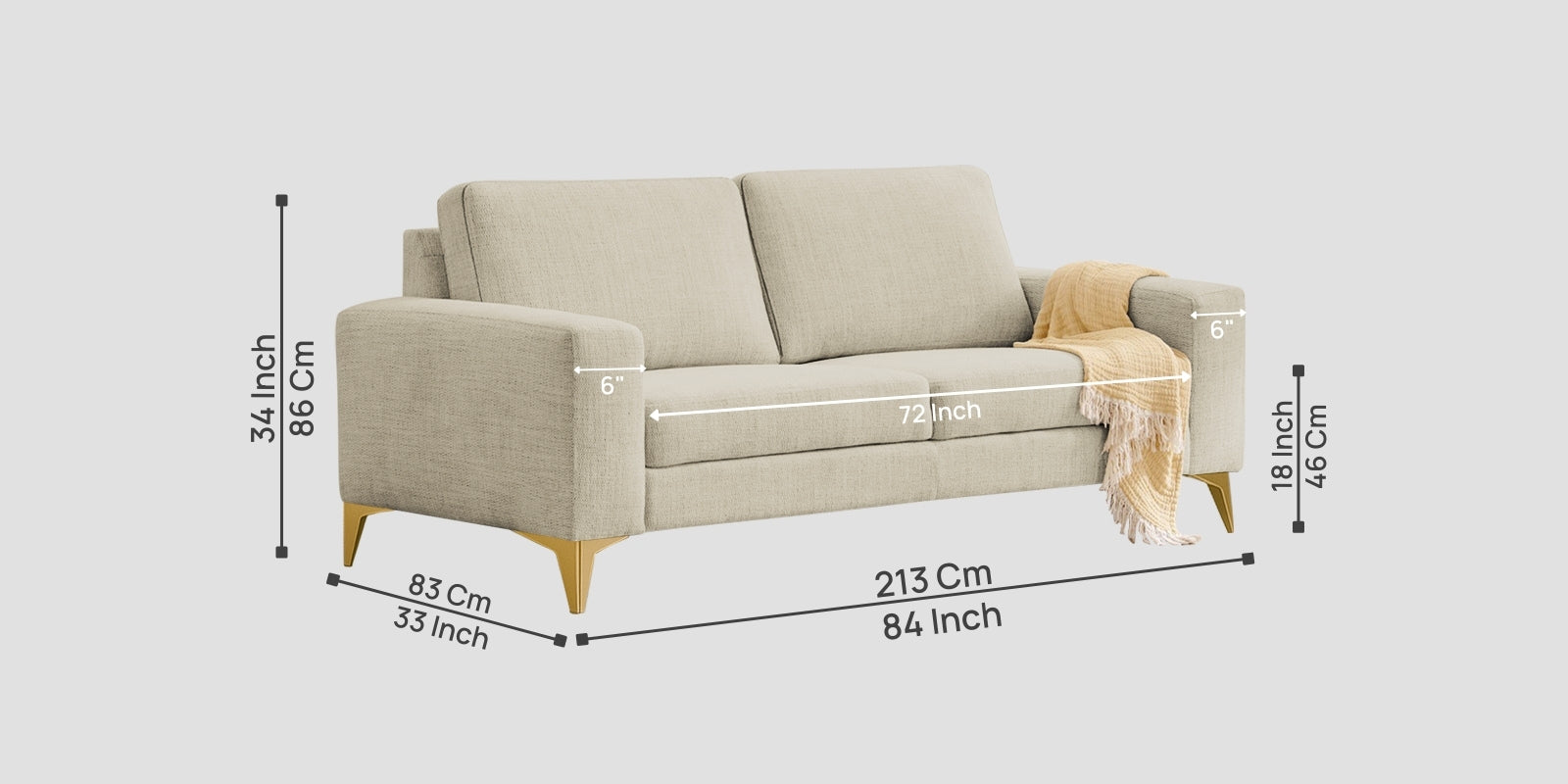 Quba Fabric 3 Seater Sofa In Maple Cream Colour