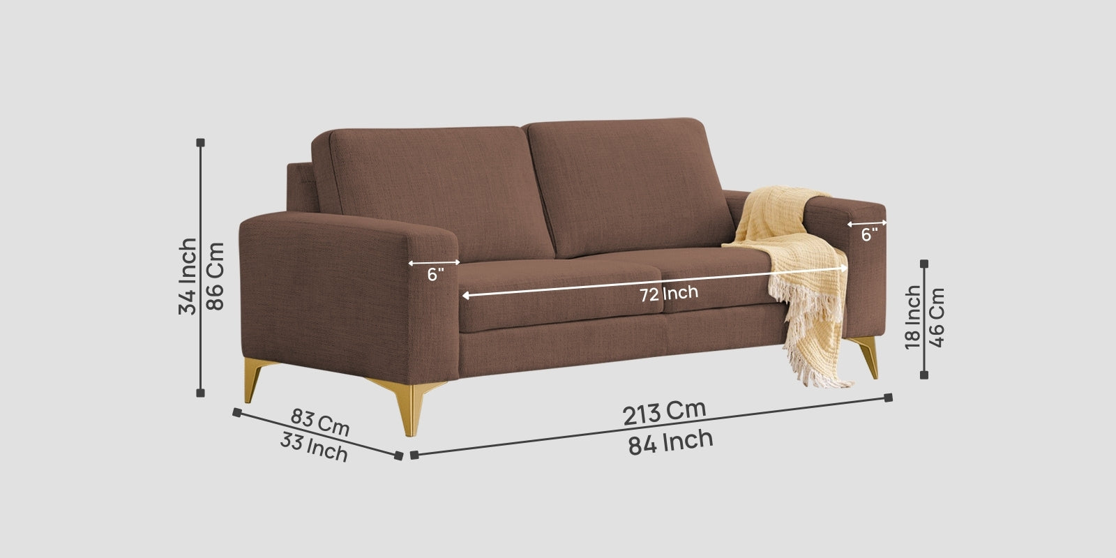 Quba Fabric 3 Seater Sofa In Latte Brown Colour
