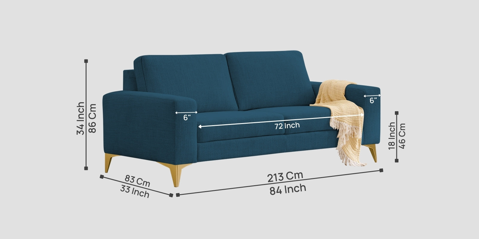 Quba Fabric 3 Seater Sofa In Eclipse Blue Colour