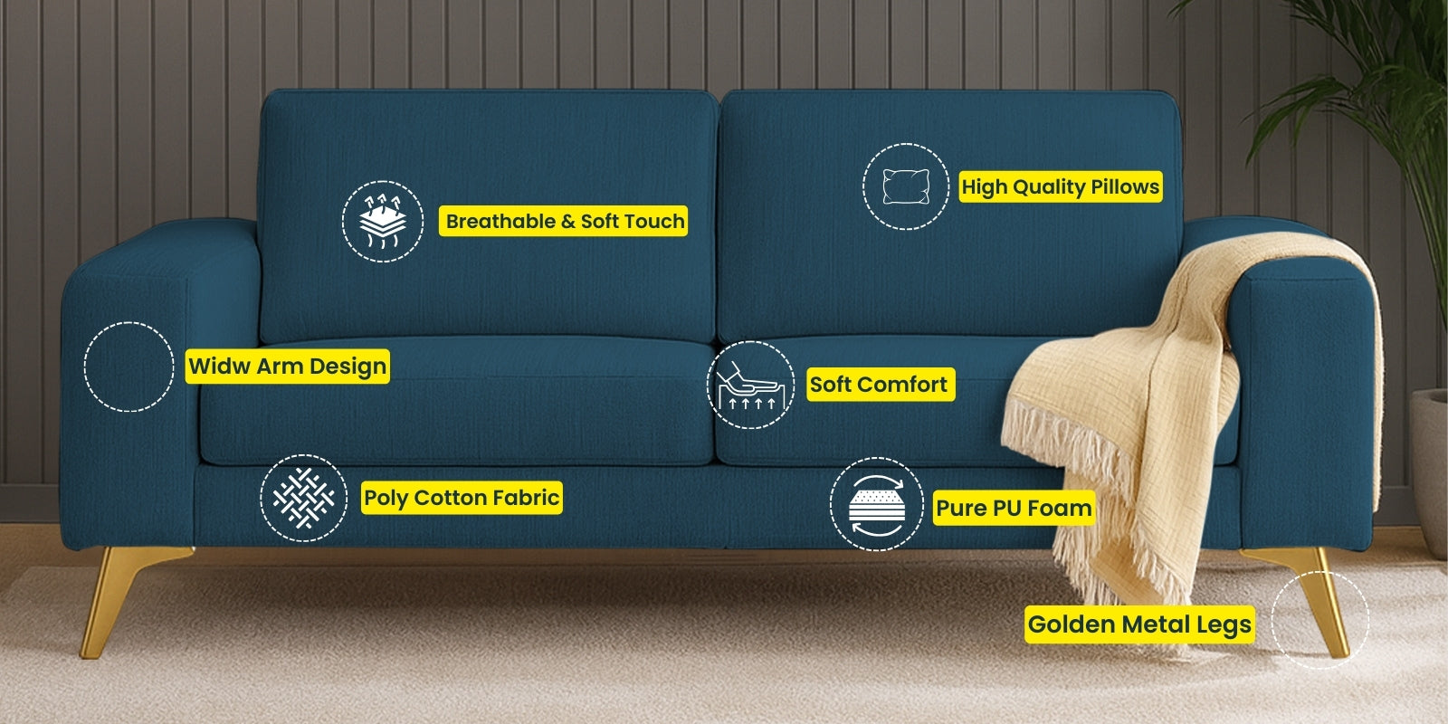 Quba Fabric 3 Seater Sofa In Nut Beige Colour