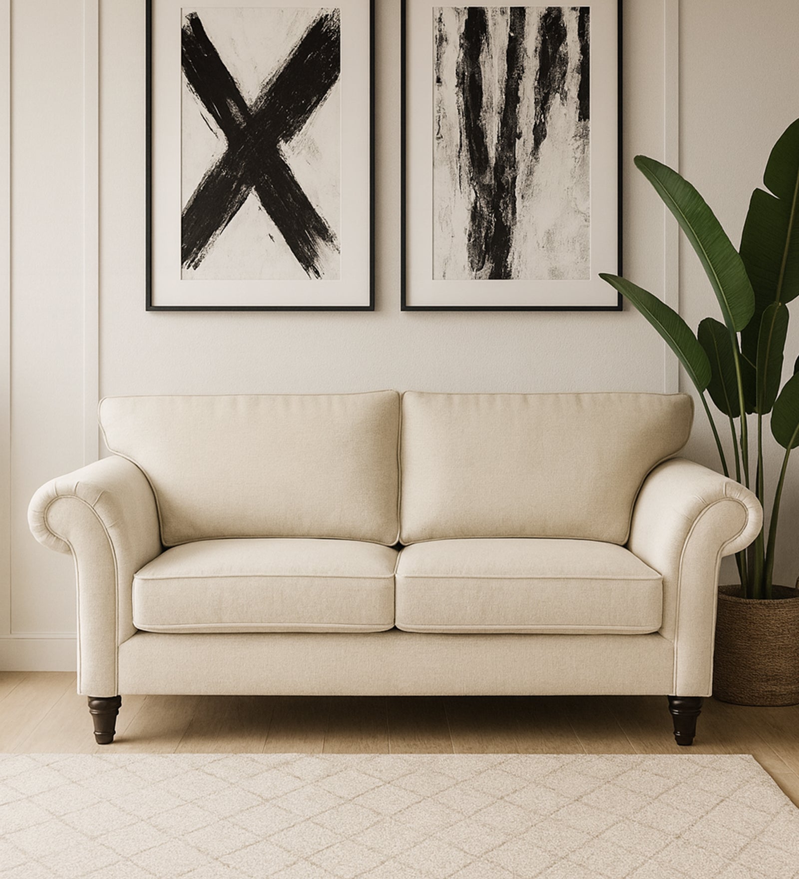 Rana Fabric 2 Seater Sofa In Cotton Beige Colour