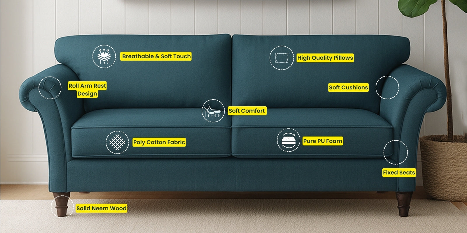 Rana Fabric 3 Seater Sofa In Dim Grey Colour