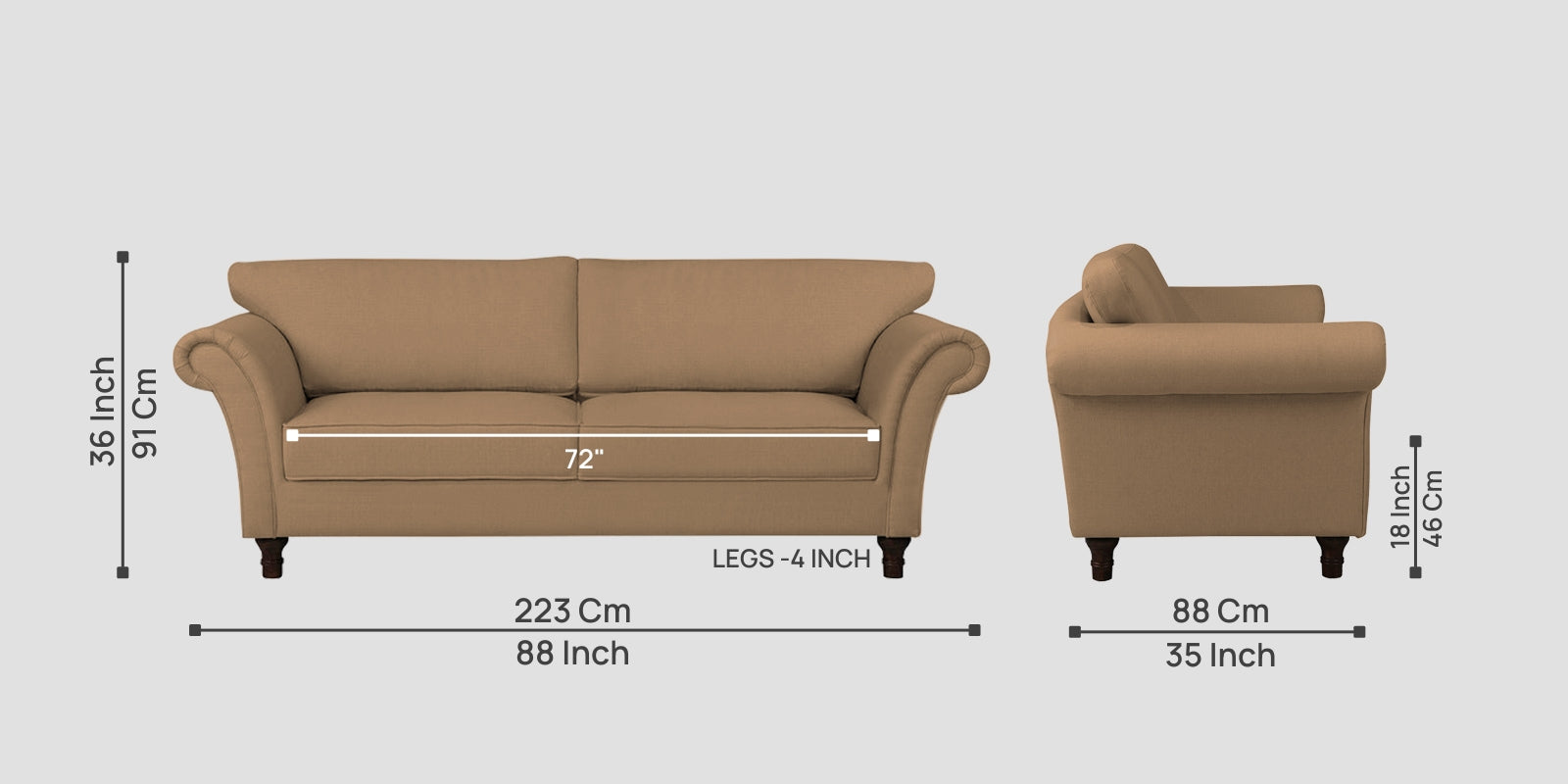 Rana Fabric 3 Seater Sofa In Copper Brown Colour