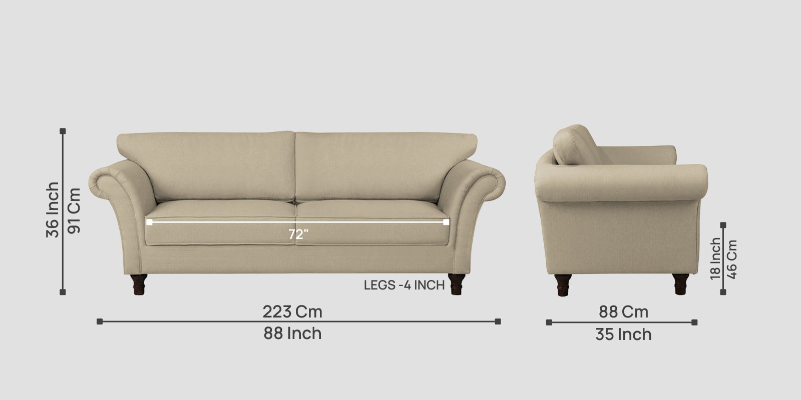 Rana Fabric 3 Seater Sofa In Cotton Beige Colour
