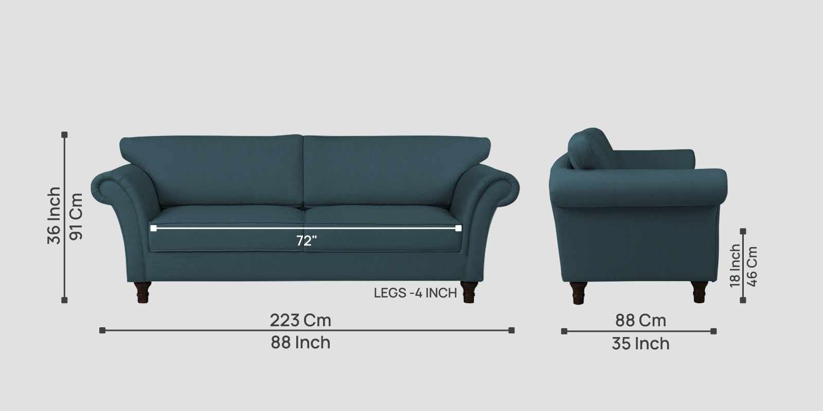 Rana Fabric 3 Seater Sofa In Sea Blue Colour