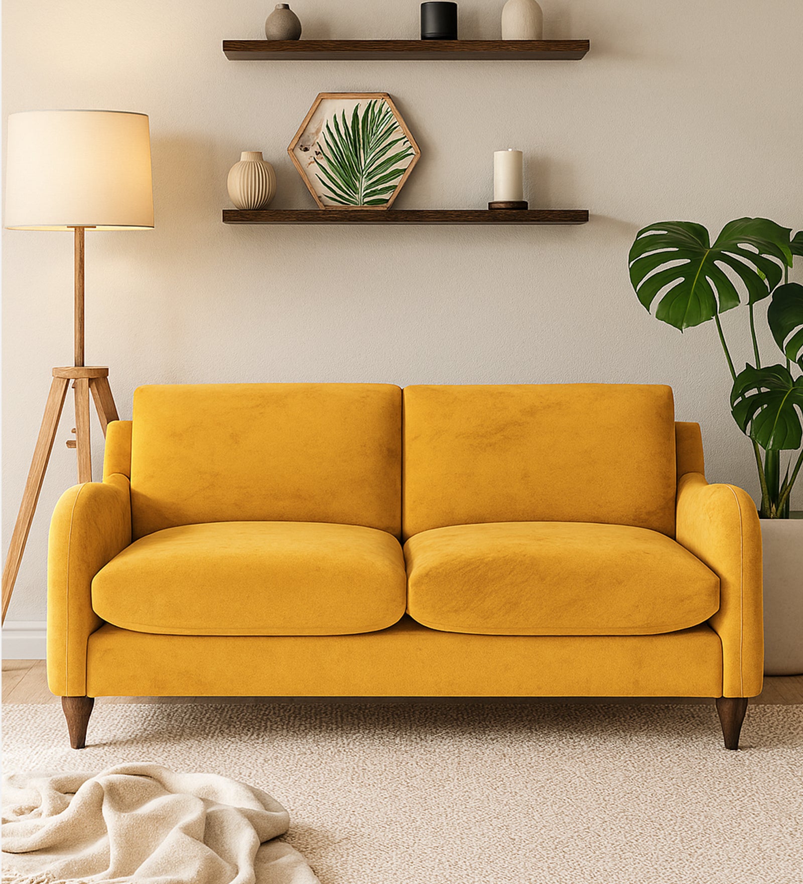 Sally Velvet 2 Seater Sofa In Turmeric Yellow Colour