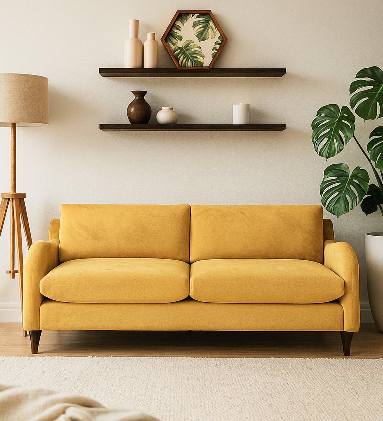 Sally Velvet 3 Seater Sofa In Turmeric Yellow Colour